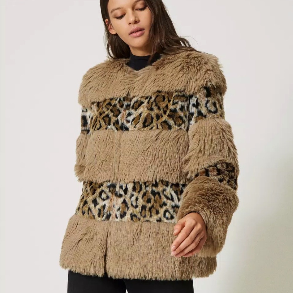NWT- Twin-Set Faux Fur Tan and Leopard Print Jacket